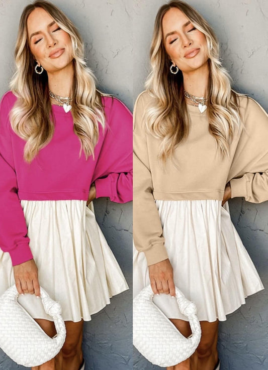 Tan Sweatshirt Poplin Mini Dress